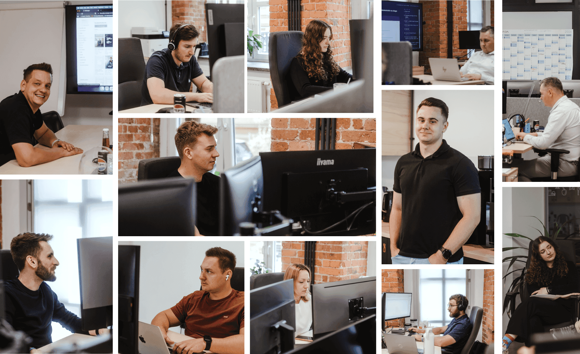 Collage of diverse employees working diligently in a modern, open-plan office environment.
